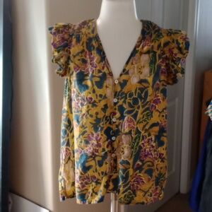 Cleobella Ruffle Cap Sleeve Floral Blouse Size Xs